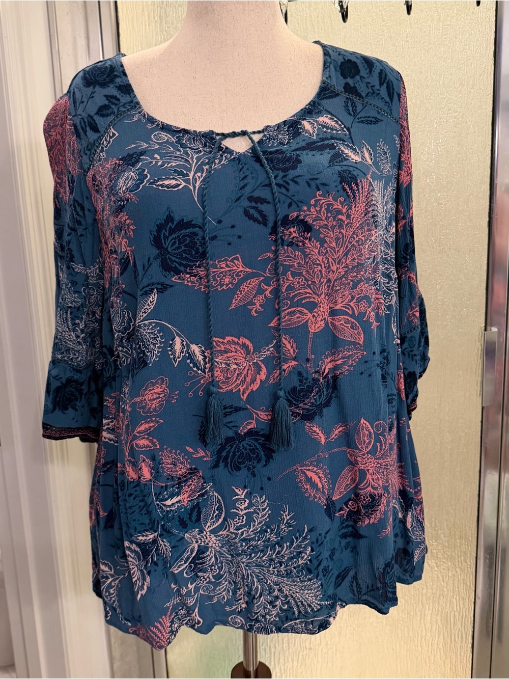 Catherines Teal Floral Tie-Front Peasant Tunic 1XWP $25 BNWOT